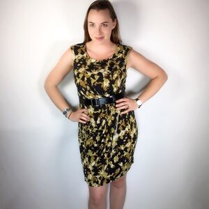 Calvin Klein Black and Yellow Midi Sheath Dress Scoop Neck
